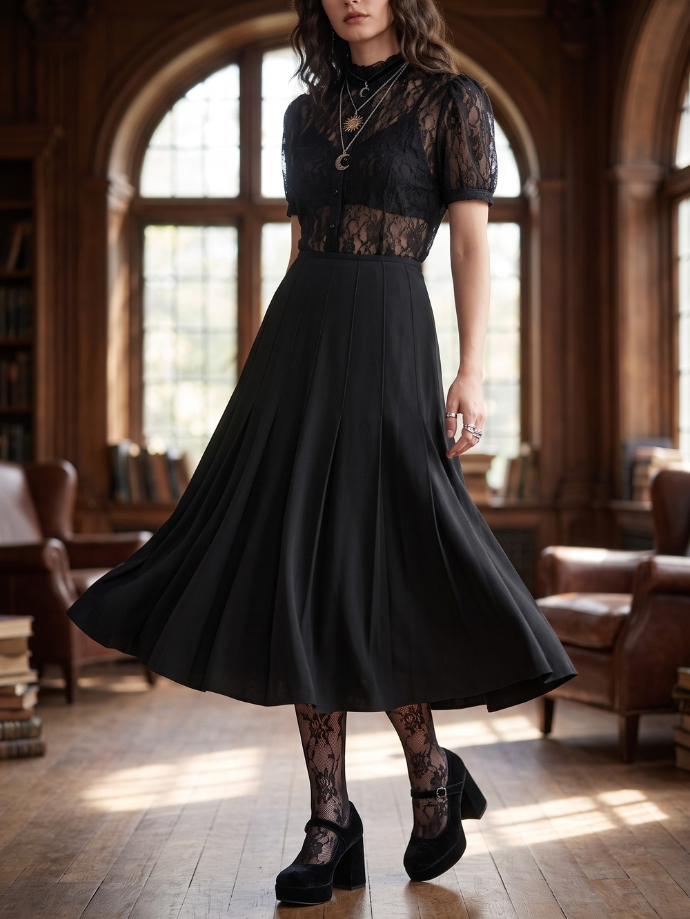 Vintage Black Pleated Midi Skirt Whimsigoth Dark Academia Romance 90s Minimalist